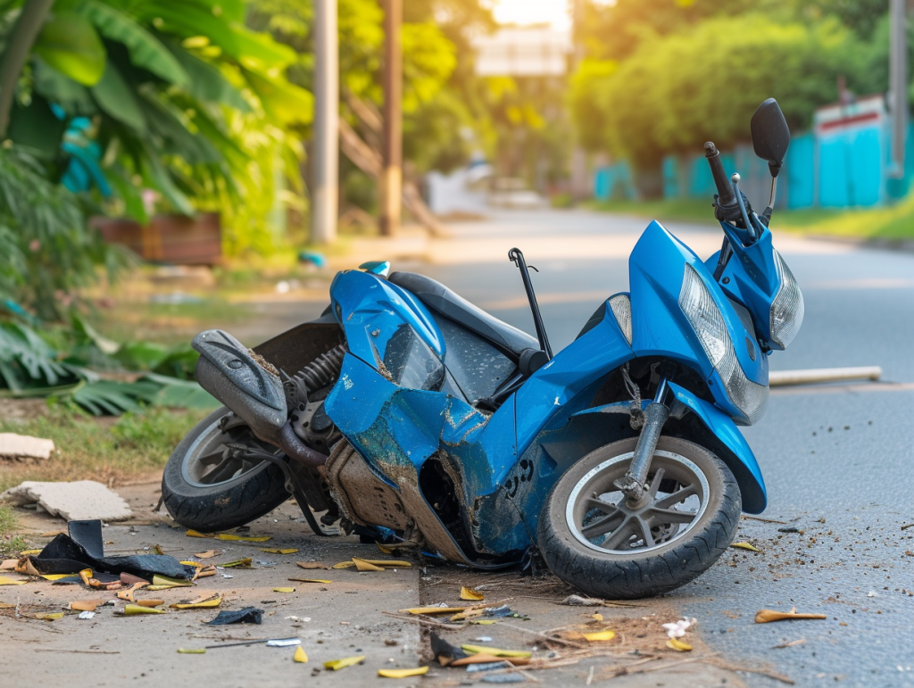 Smash Repairs Phuket  Davidv. 56221 Electric Blue New 300cc Scooter Laying On The Gro A9863bdc 5fed 48a9 B9fb A5fd028c488c